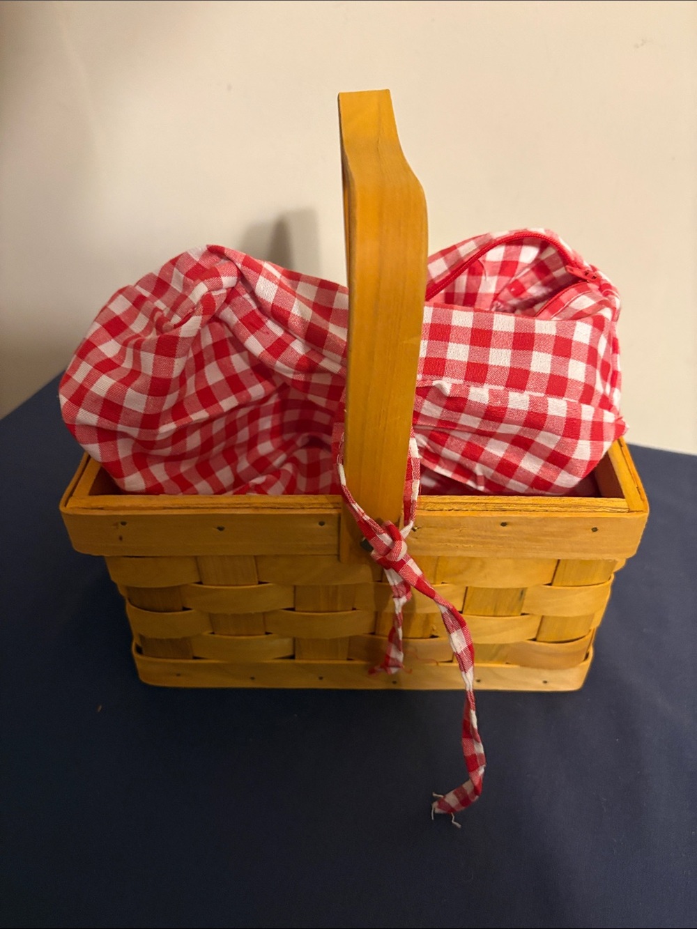 Red Checkered Picnic Basket Liner with Yellow Woven Basket